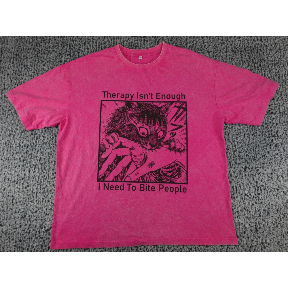 Unbranded Therapy Isnt Enough Cat Bite Graphic Tee Mens 2XL Pink Good Acid Wash